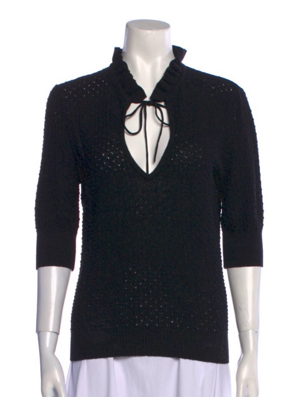 Ganni Black Open-Knit Ruffle Tie-Front Sweater